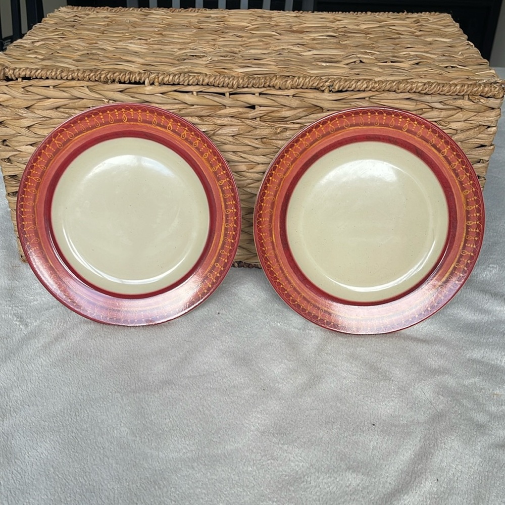 Pier 1 Lugano Set of 2 8” Salad Dessert Plates Fall Orange Red Tan Edge